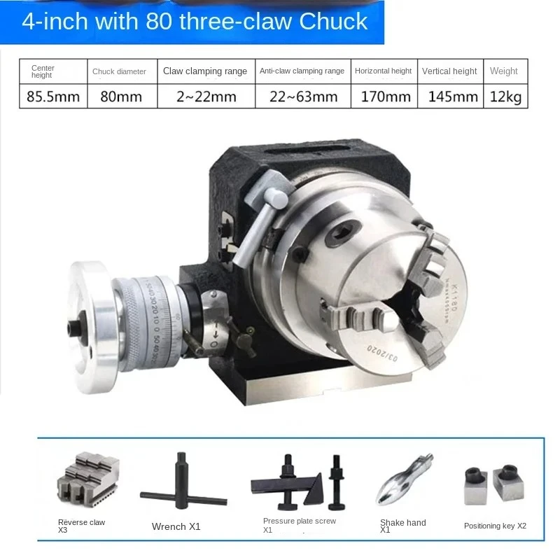 4 Inches Rotary Table Milling Indexing Head Universal Indexing Plate with Three-Jaw Chuck for Vertical And Horizontal Milling