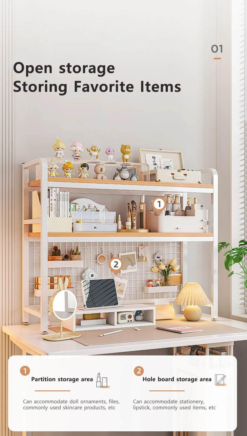 Bookshelf Bookcase with Grid Desktop Multi-layer Wrought Iron Shelf Student Computer Desk Table Hole Board Table Wooden Shelves