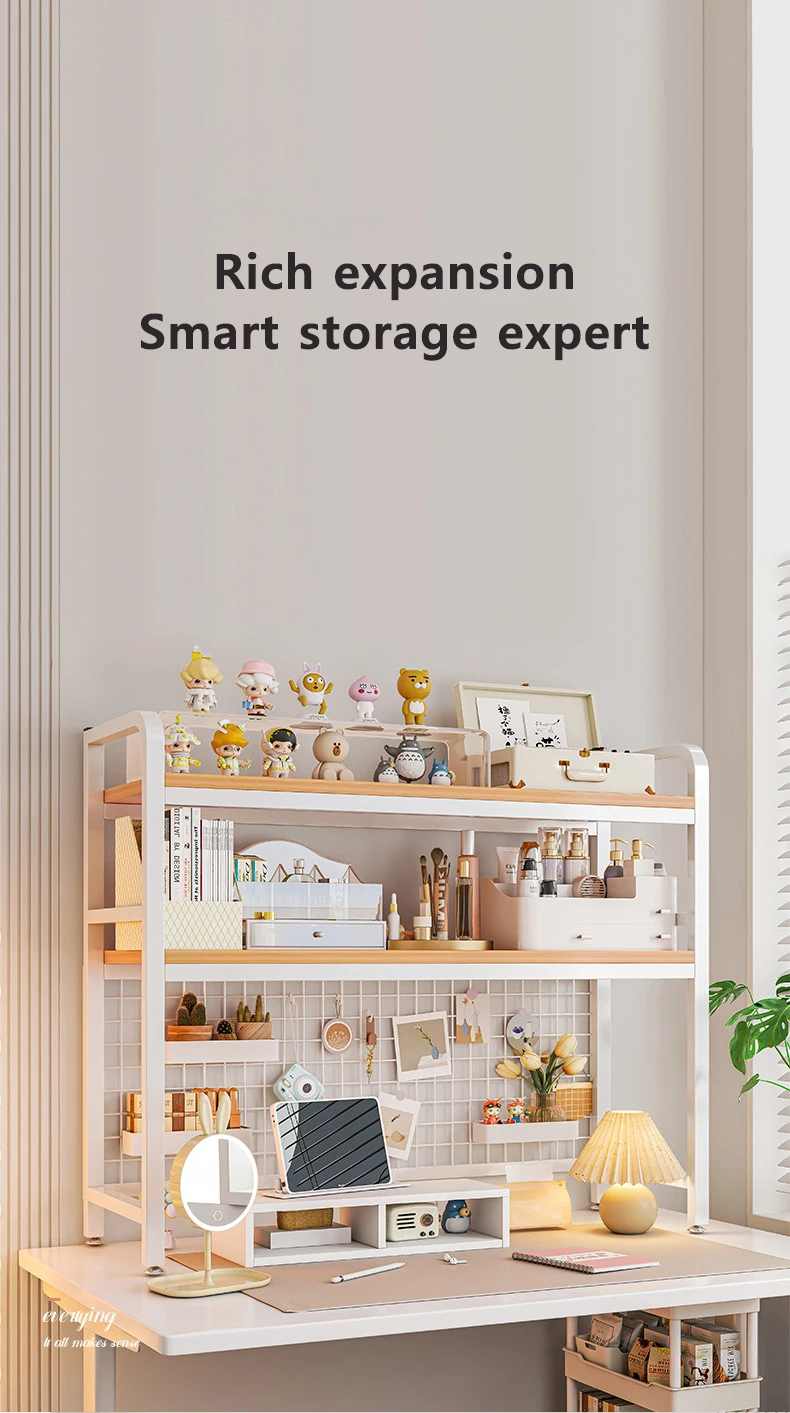 Bookshelf Bookcase with Grid Desktop Multi-layer Wrought Iron Shelf Student Computer Desk Table Hole Board Table Wooden Shelves
