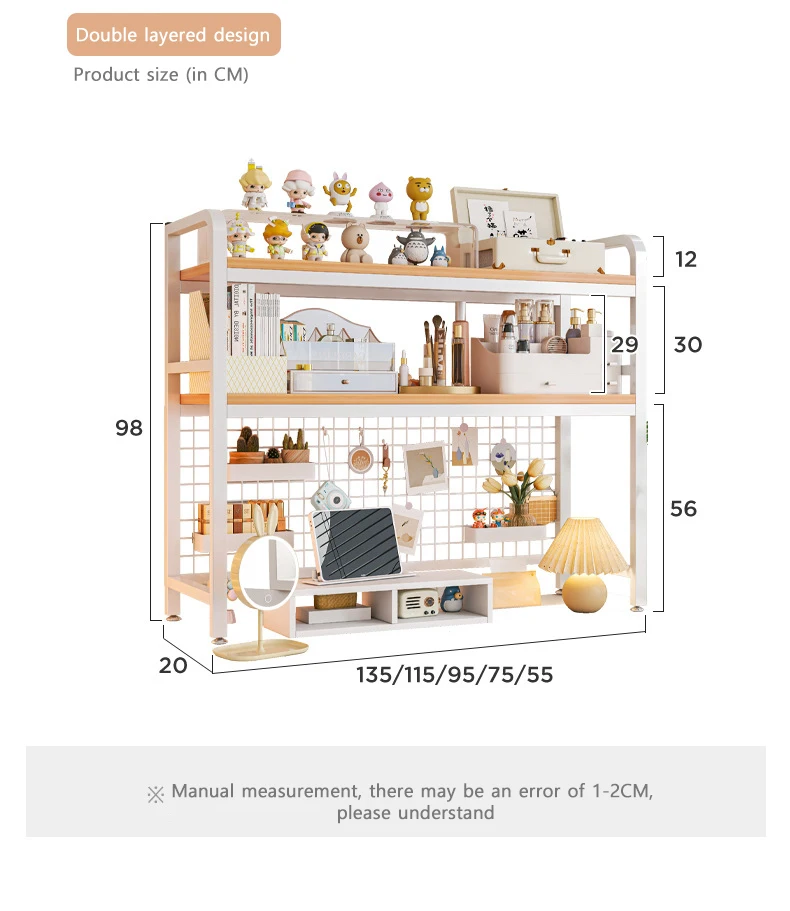 Bookshelf Bookcase with Grid Desktop Multi-layer Wrought Iron Shelf Student Computer Desk Table Hole Board Table Wooden Shelves