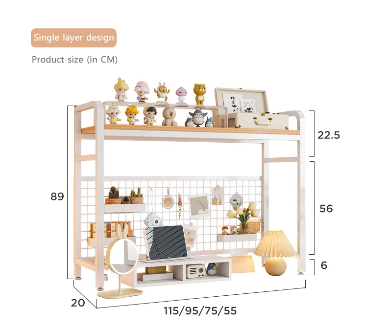 Bookshelf Bookcase with Grid Desktop Multi-layer Wrought Iron Shelf Student Computer Desk Table Hole Board Table Wooden Shelves