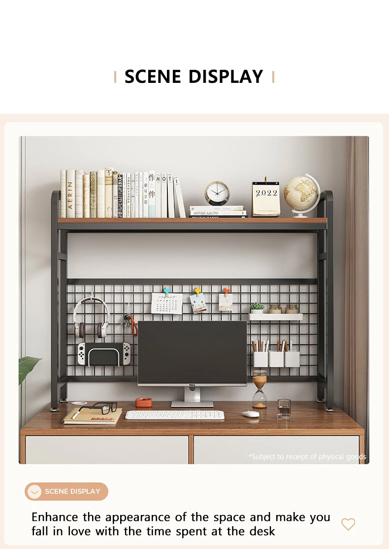 Bookshelf Bookcase with Grid Desktop Multi-layer Wrought Iron Shelf Student Computer Desk Table Hole Board Table Wooden Shelves
