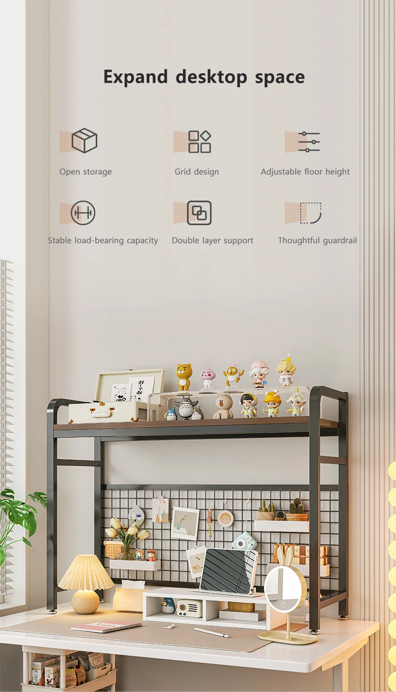 Bookshelf Bookcase with Grid Desktop Multi-layer Wrought Iron Shelf Student Computer Desk Table Hole Board Table Wooden Shelves
