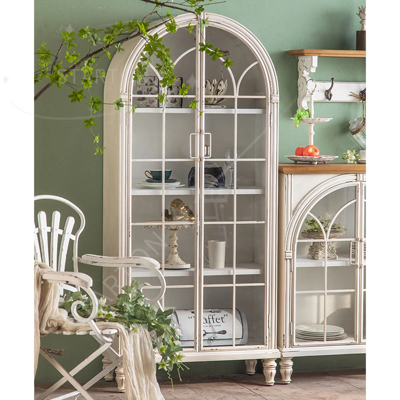 Contemporary European Vintage Kitchen Retro White Metal Storage Cabinet showcase Display Stand Dining Living Room Furniture