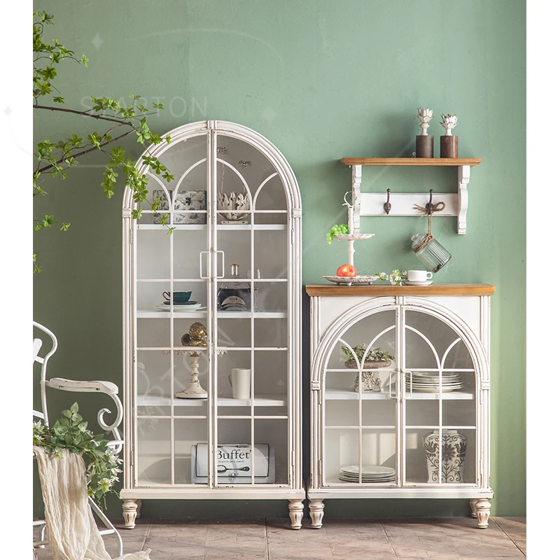 Contemporary European Vintage Kitchen Retro White Metal Storage Cabinet showcase Display Stand Dining Living Room Furniture
