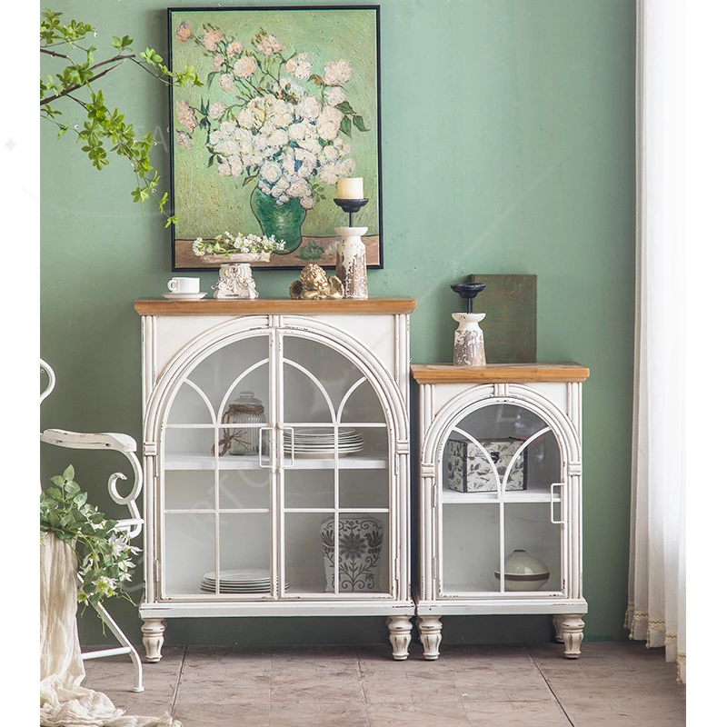 Contemporary European Vintage Kitchen Retro White Metal Storage Cabinet showcase Display Stand Dining Living Room Furniture