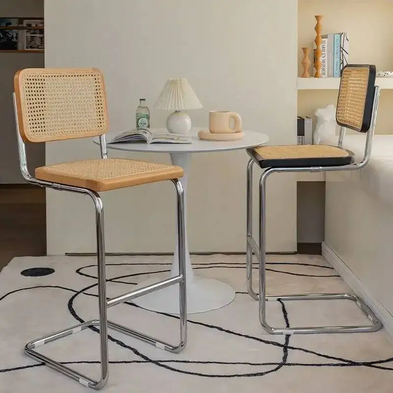 Modern Rattan Bar Stool with Metal Frame Minimalist Design Counter Chair for Kitchen Island Bar Living Room
