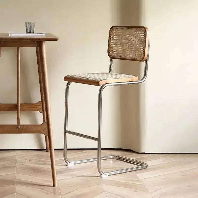 Modern Rattan Bar Stool with Metal Frame Minimalist Design Counter Chair for Kitchen Island Bar Living Room