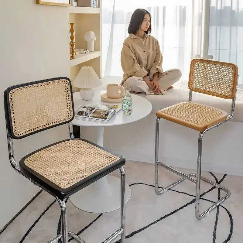 Modern Rattan Bar Stool with Metal Frame Minimalist Design Counter Chair for Kitchen Island Bar Living Room