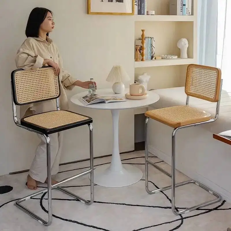Modern Rattan Bar Stool with Metal Frame Minimalist Design Counter Chair for Kitchen Island Bar Living Room