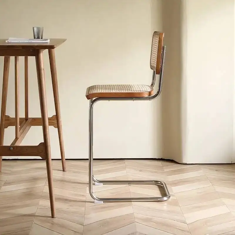 Modern Rattan Bar Stool with Metal Frame Minimalist Design Counter Chair for Kitchen Island Bar Living Room