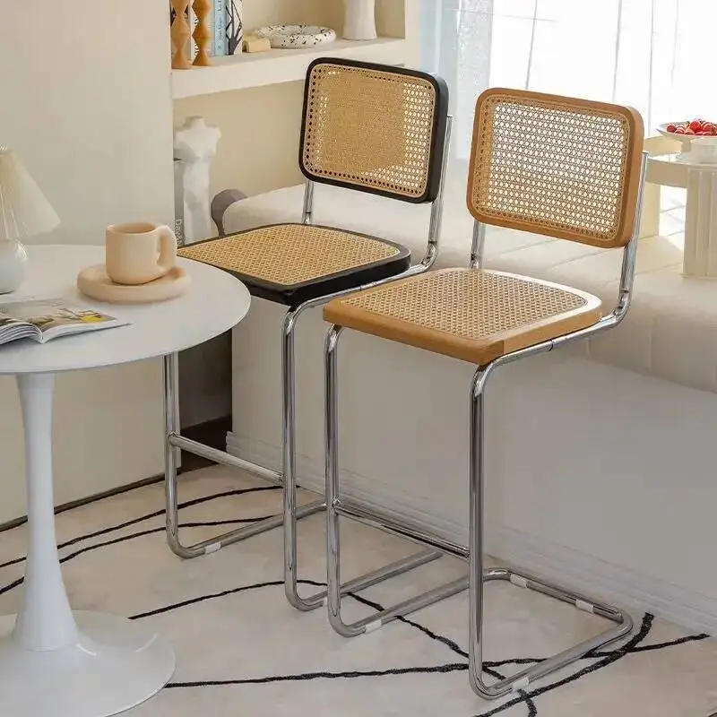 Modern Rattan Bar Stool with Metal Frame Minimalist Design Counter Chair for Kitchen Island Bar Living Room