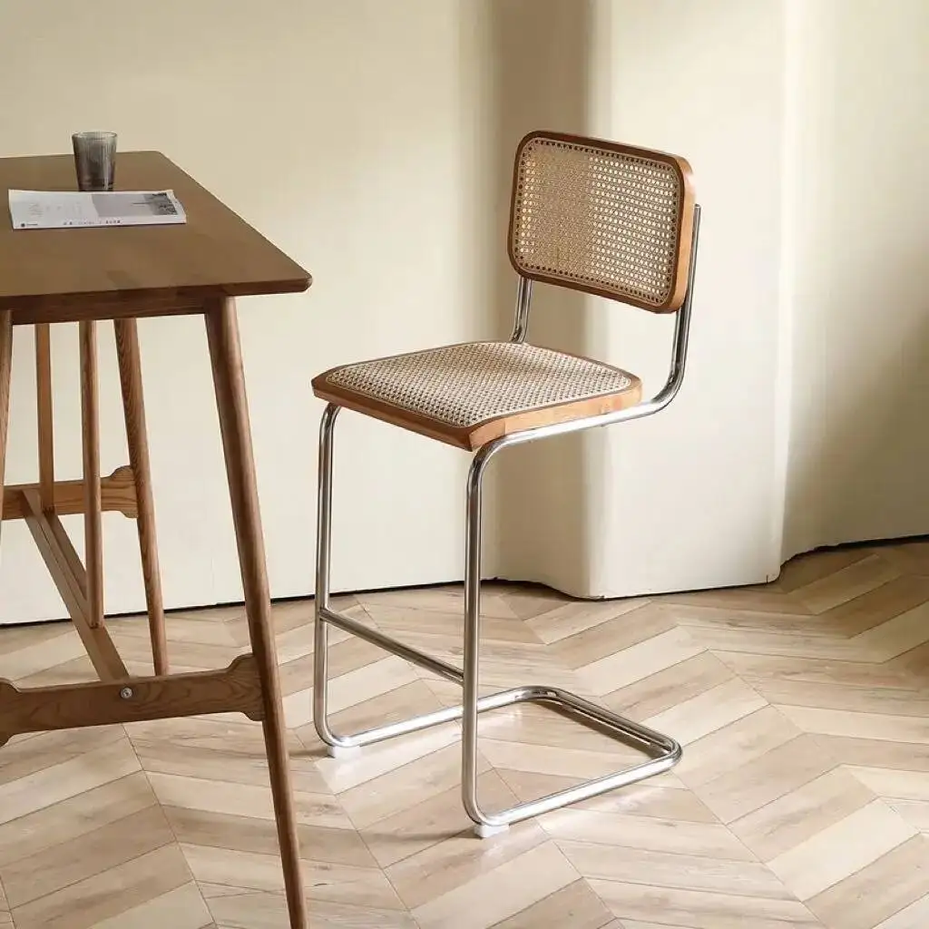 Modern Rattan Bar Stool with Metal Frame Minimalist Design Counter Chair for Kitchen Island Bar Living Room