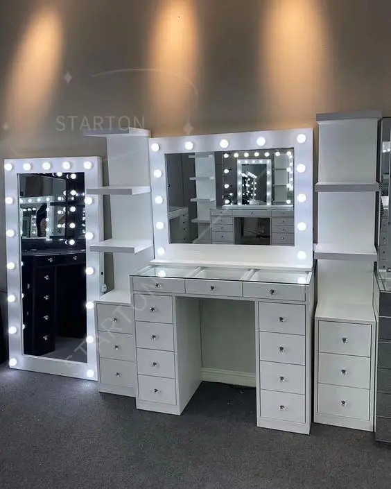 New Luxury Colorful Dressing Table White Dresser with Makeup Mirror Vanity Led Light 13 Drawers Modern Bedroom Set Wholesale