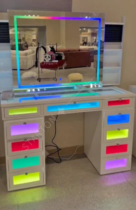 New Luxury Colorful Dressing Table White Dresser with Makeup Mirror Vanity Led Light 13 Drawers Modern Bedroom Set Wholesale
