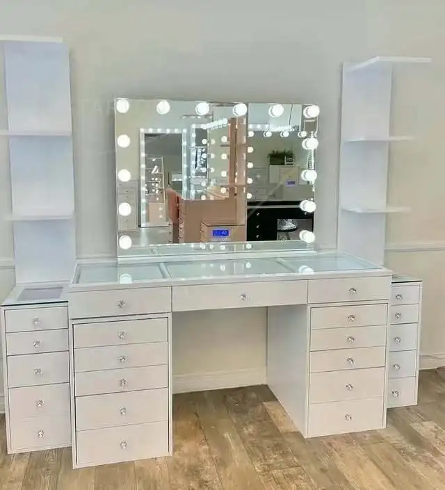 New Luxury Colorful Dressing Table White Dresser with Makeup Mirror Vanity Led Light 13 Drawers Modern Bedroom Set Wholesale