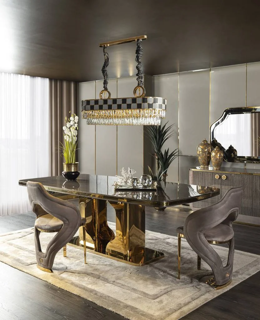High-end modern luxury dining table set 10-12 seats marble top gold stainless steel dining table set kitchen hotel villa