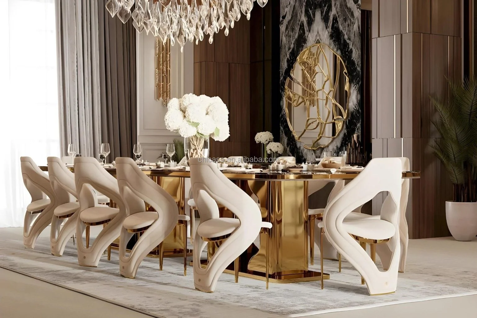 High-end modern luxury dining table set 10-12 seats marble top gold stainless steel dining table set kitchen hotel villa