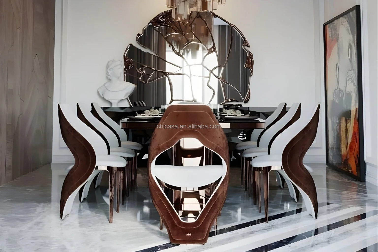 High-end modern luxury dining table set 10-12 seats marble top gold stainless steel dining table set kitchen hotel villa