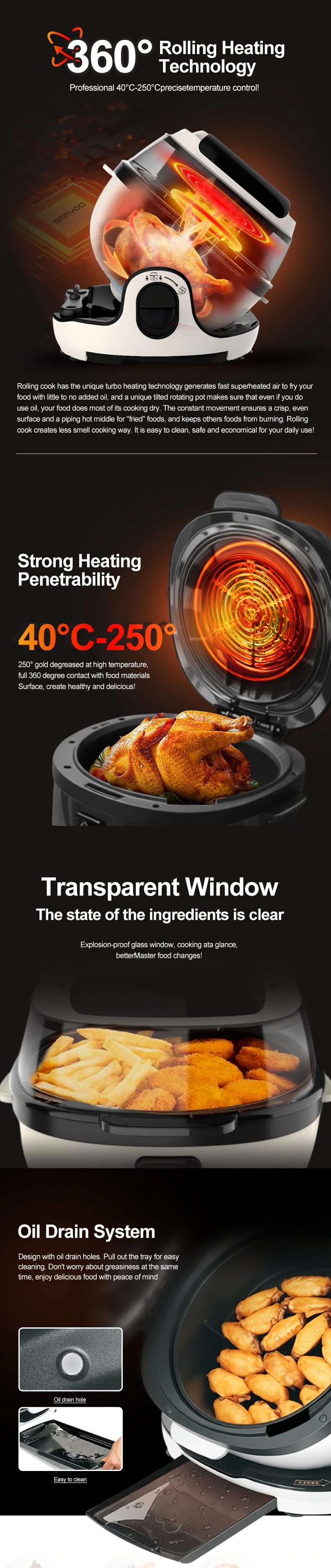 Cooking Smokeless Healthy Air Fry Machine Automatic Intelligent Multi-function Rolling Air Fryer for Beef Steak, Coo-kies, Pizza