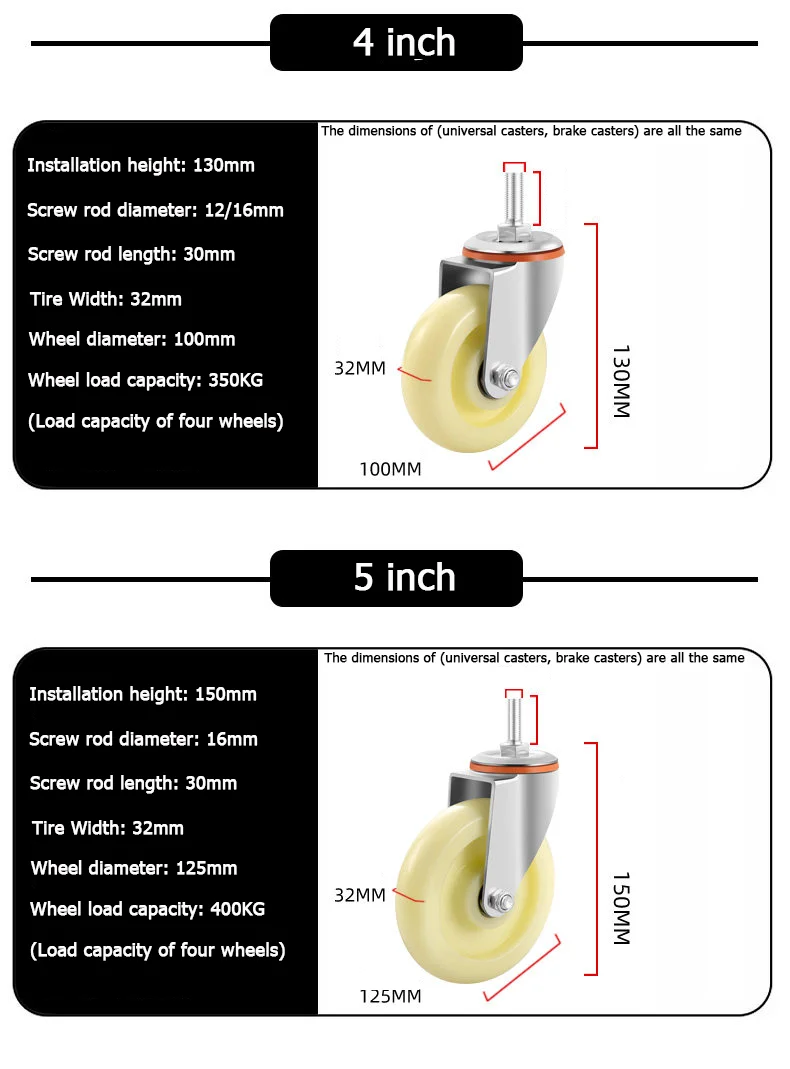 1pcs Universal Nylon Casters 1.5-5 Inch Screw-On Wheels M8-M16 Trolley Hand Truck Brake Casters for Furniture Moving
