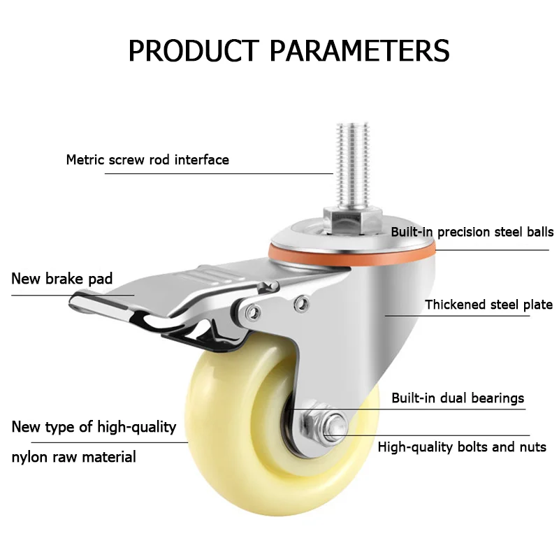 1pcs Universal Nylon Casters 1.5-5 Inch Screw-On Wheels M8-M16 Trolley Hand Truck Brake Casters for Furniture Moving