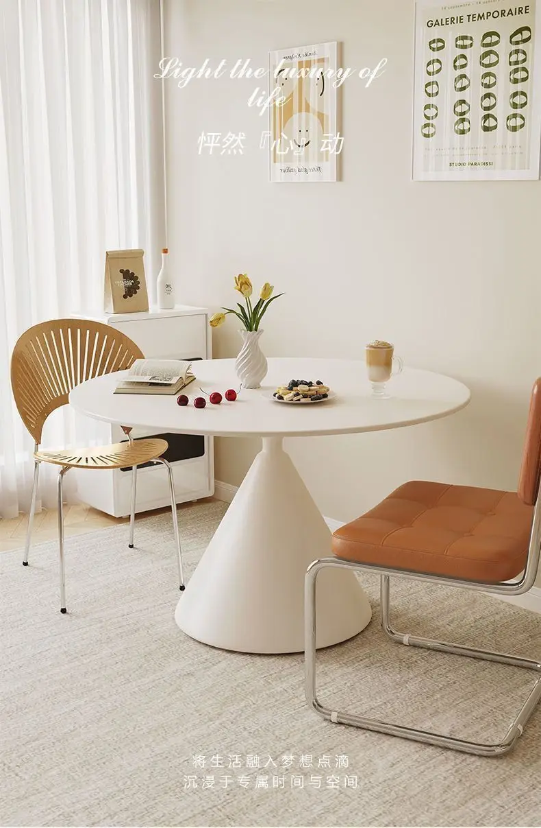 Cream wind minimalist dining table and chairs rock slab round dining table pure white