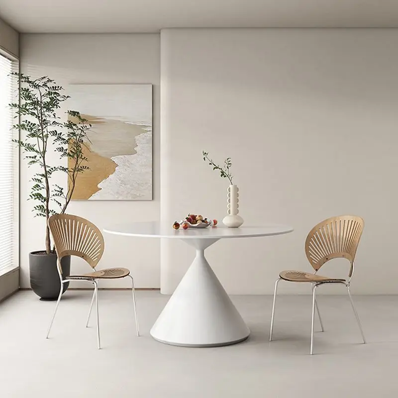 Cream wind minimalist dining table and chairs rock slab round dining table pure white