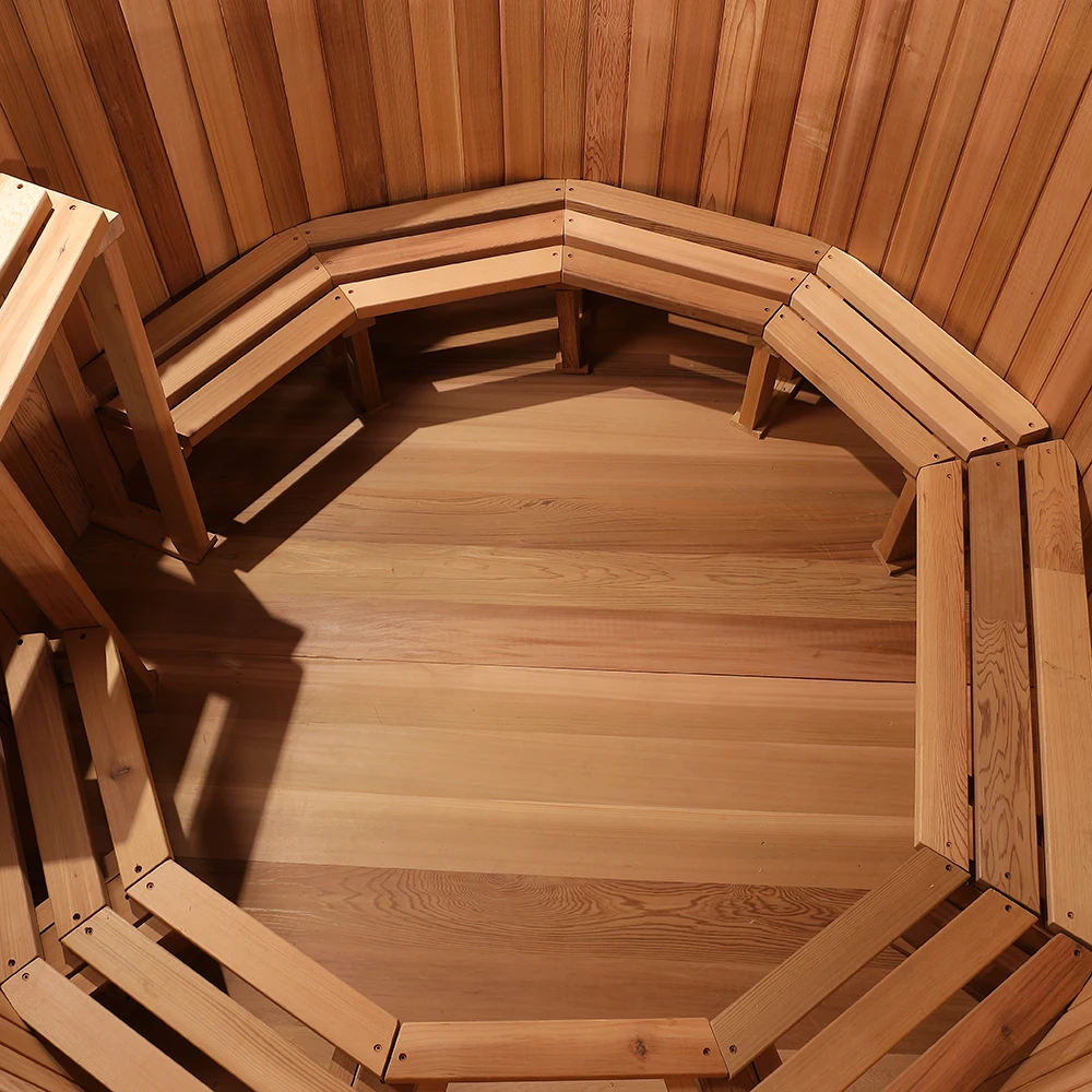 Large Solid Wood Outdoor Hot Tub, Round Bathtub, 6-Person Hot Tub Made of Fired Wood