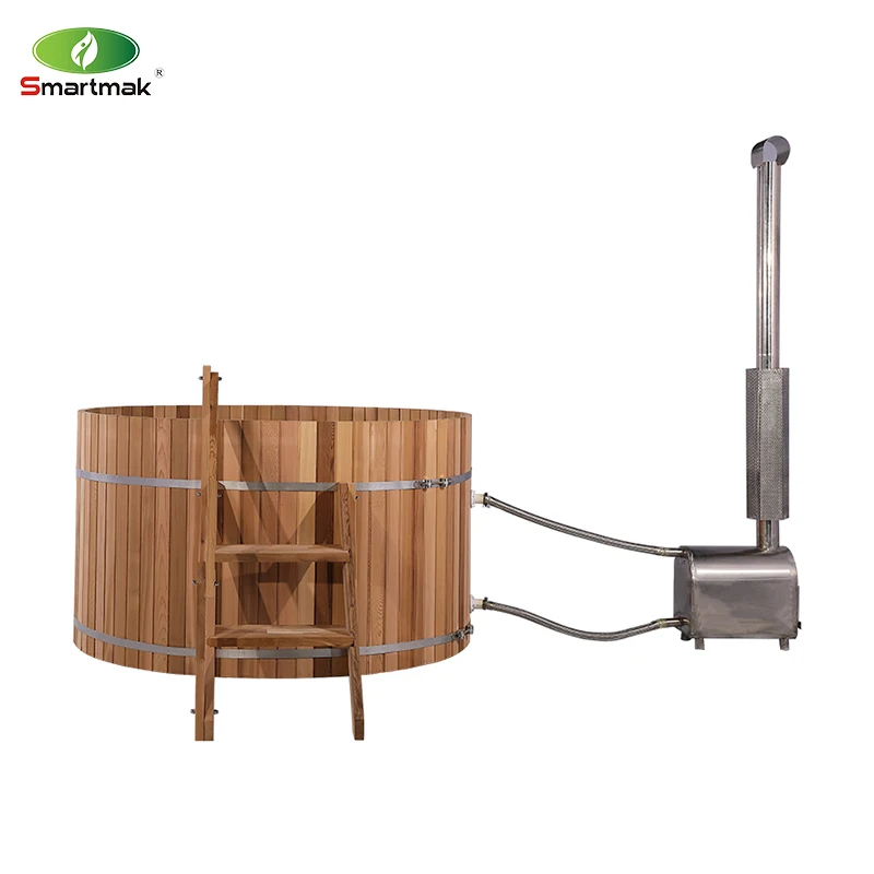 Large Solid Wood Outdoor Hot Tub, Round Bathtub, 6-Person Hot Tub Made of Fired Wood
