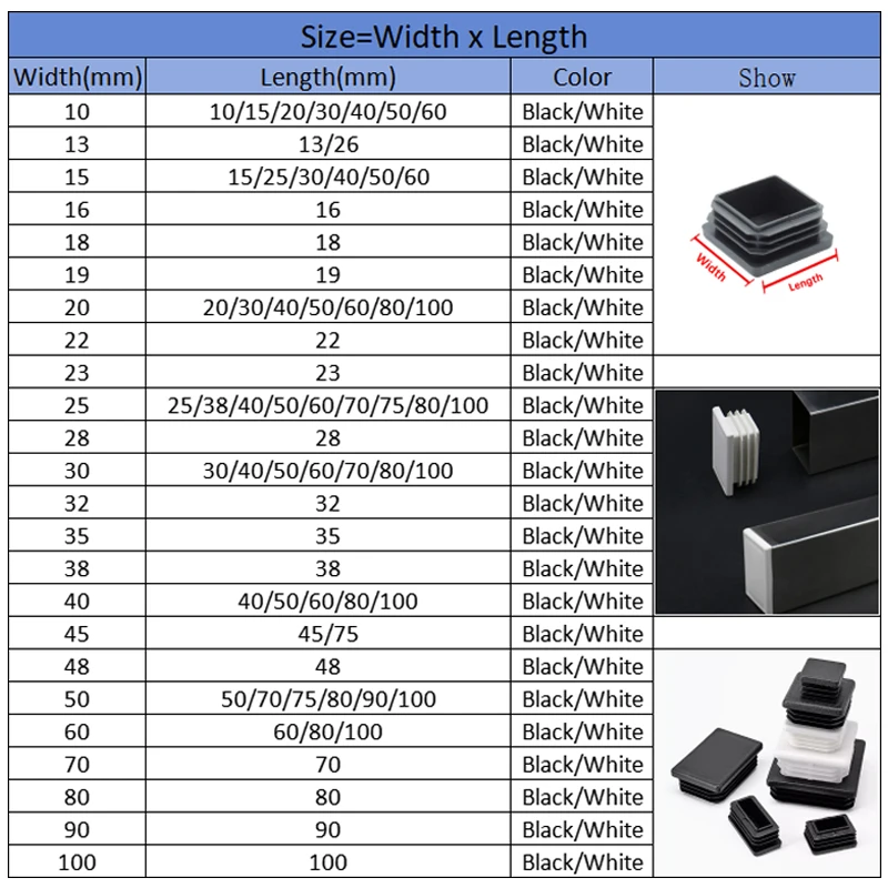 White Square lastic Pipe Plugs Rectangle Blanking End cap tube plug table chair foot cover Dust-Proof