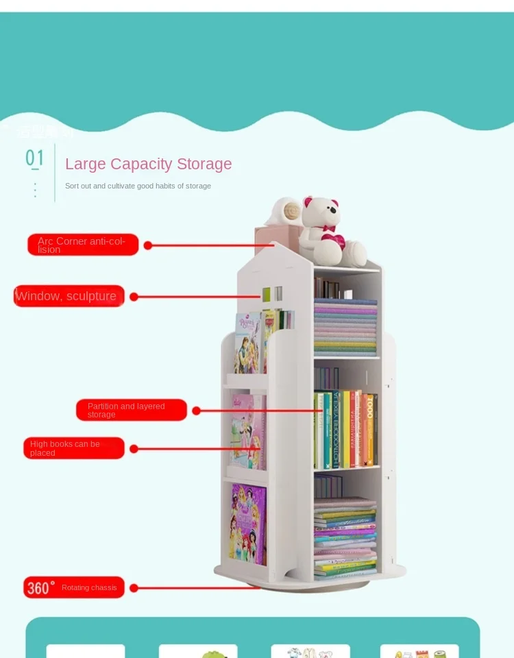 Creative Floor Bookcase Children's Illustrated Bookcase Rotating Bookcase Kindergarten Baby Shelves Student Book Storage Shelf