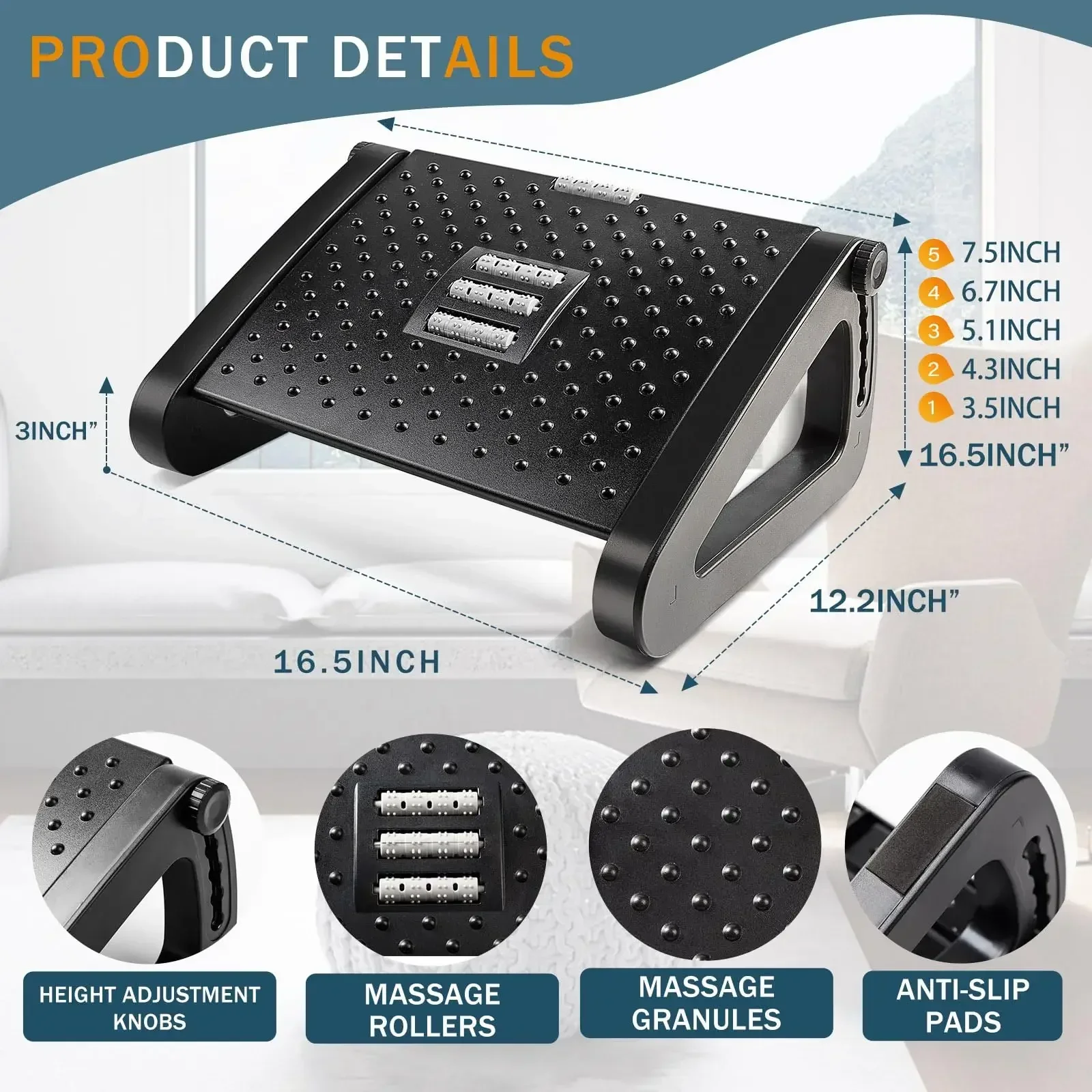 Foot Rest with Massage Surface Height Adjustable High Chair Footrest for Office Gaming Chair For Travel Work Home