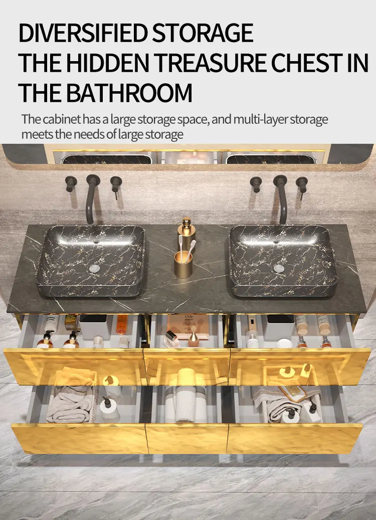 Double Sink Floating Bathroom Vanity Marble Hotel Bathroom Vanity Wall Mounted Bathroom Cabinet Vanity Set With Mirror Light