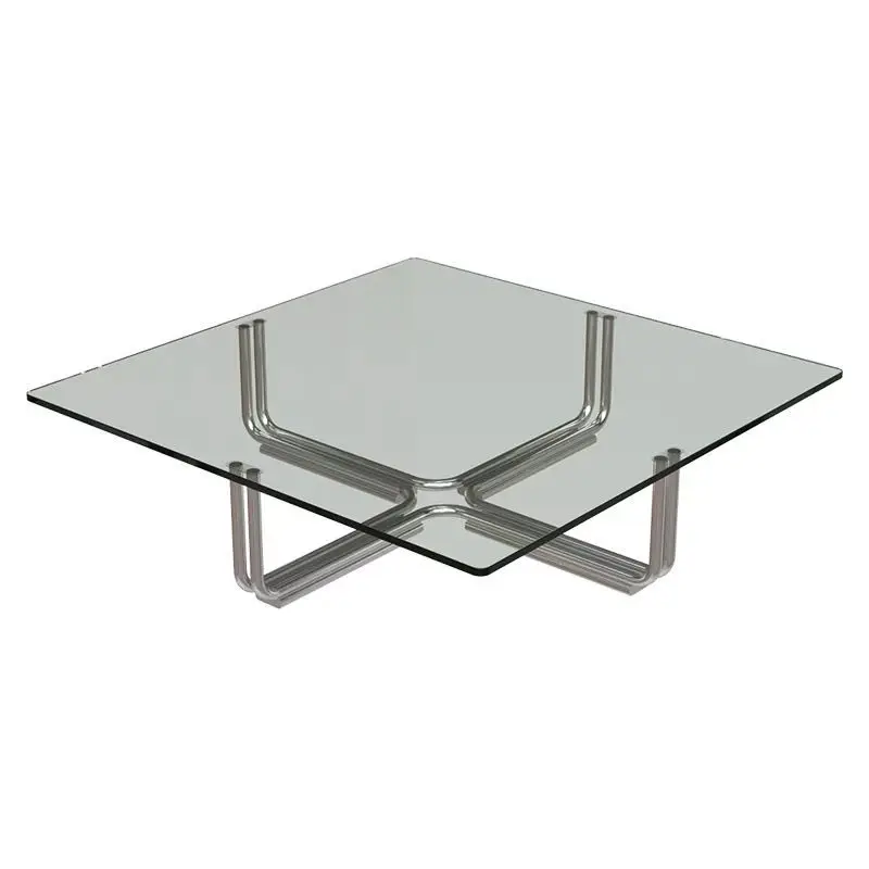 Modern Glass Coffee Table with Chrome Metal Base, Square Transparent Top Minimalist Living Room Center Table for Home Decor