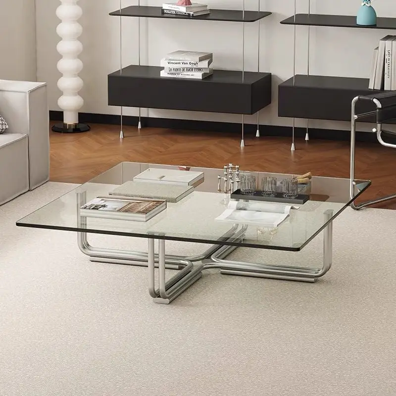 Modern Glass Coffee Table with Chrome Metal Base, Square Transparent Top Minimalist Living Room Center Table for Home Decor