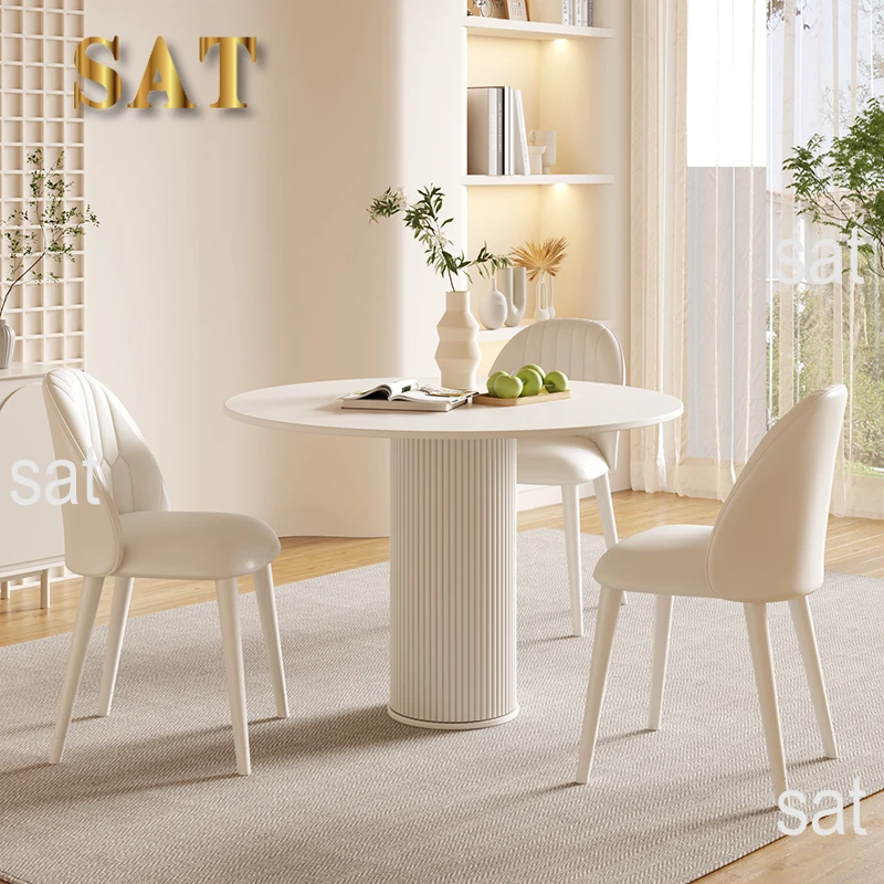 !@Cream Style Stainless Steel Round Dining Table Set 4 Seater Chair Combination Modern Roman Column Design Small-Sized Home Use