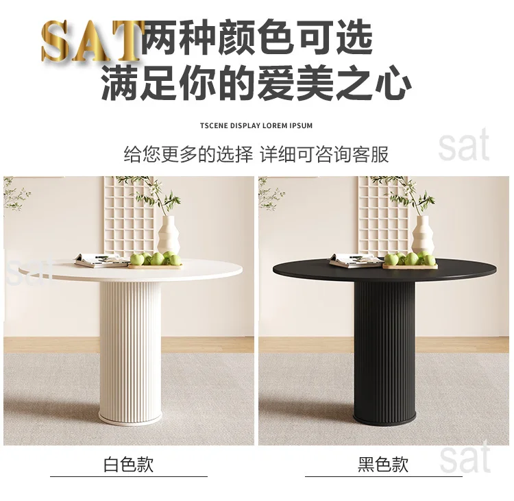 !@Cream Style Stainless Steel Round Dining Table Set 4 Seater Chair Combination Modern Roman Column Design Small-Sized Home Use