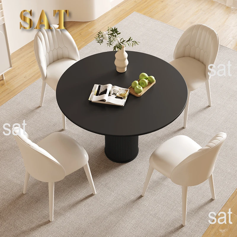 !@Cream Style Stainless Steel Round Dining Table Set 4 Seater Chair Combination Modern Roman Column Design Small-Sized Home Use