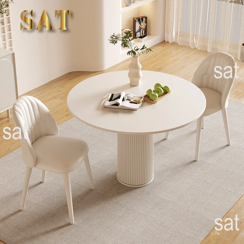!@Cream Style Stainless Steel Round Dining Table Set 4 Seater Chair Combination Modern Roman Column Design Small-Sized Home Use