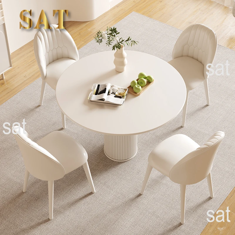 !@Cream Style Stainless Steel Round Dining Table Set 4 Seater Chair Combination Modern Roman Column Design Small-Sized Home Use