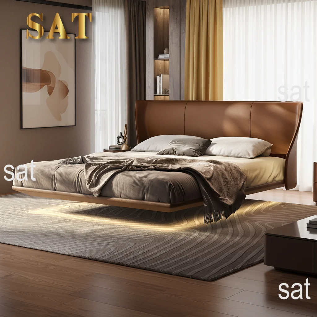 #Italian Luxury Cloud Series Alice Floating Headboard Leather Bed Italian Minimalist Full Bed For Master Bedroom