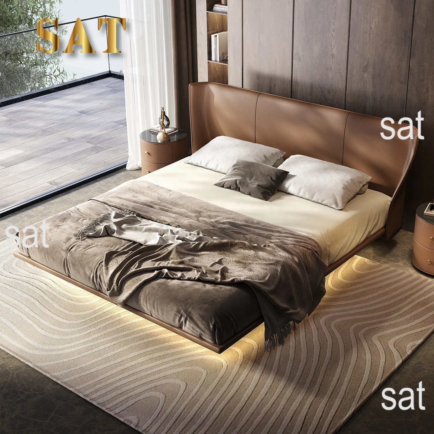 #Italian Luxury Cloud Series Alice Floating Headboard Leather Bed Italian Minimalist Full Bed For Master Bedroom