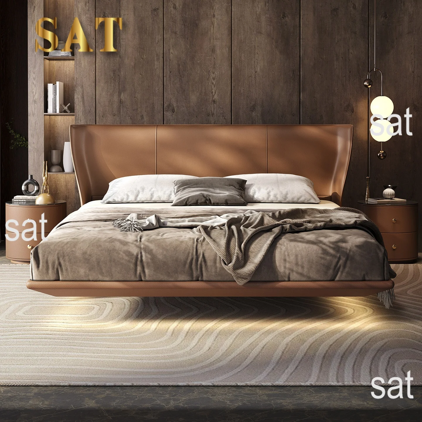 #Italian Luxury Cloud Series Alice Floating Headboard Leather Bed Italian Minimalist Full Bed For Master Bedroom