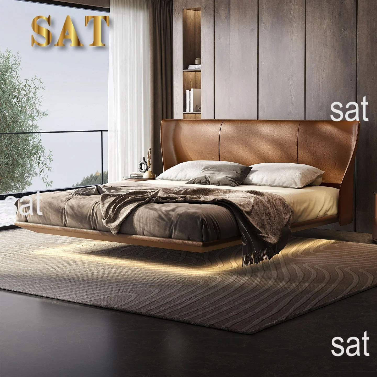 #Italian Luxury Cloud Series Alice Floating Headboard Leather Bed Italian Minimalist Full Bed For Master Bedroom