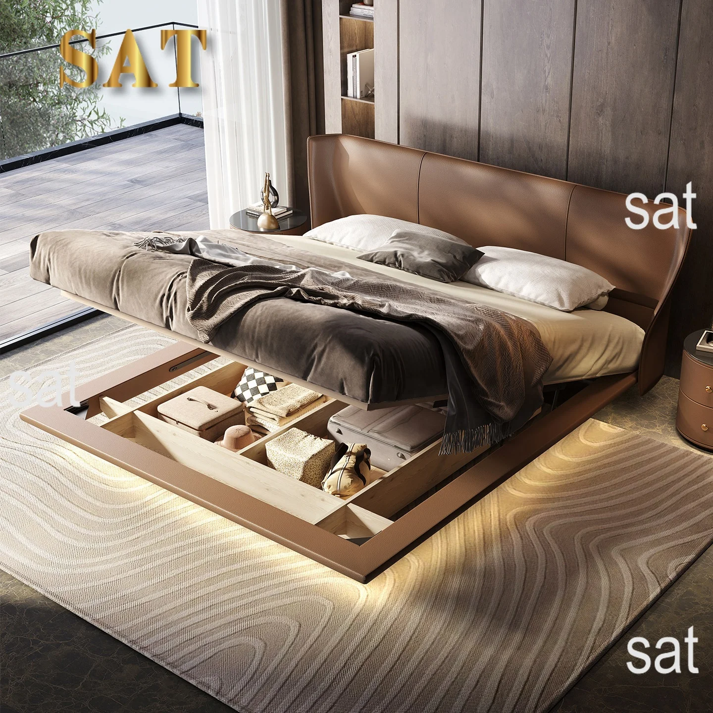#Italian Luxury Cloud Series Alice Floating Headboard Leather Bed Italian Minimalist Full Bed For Master Bedroom