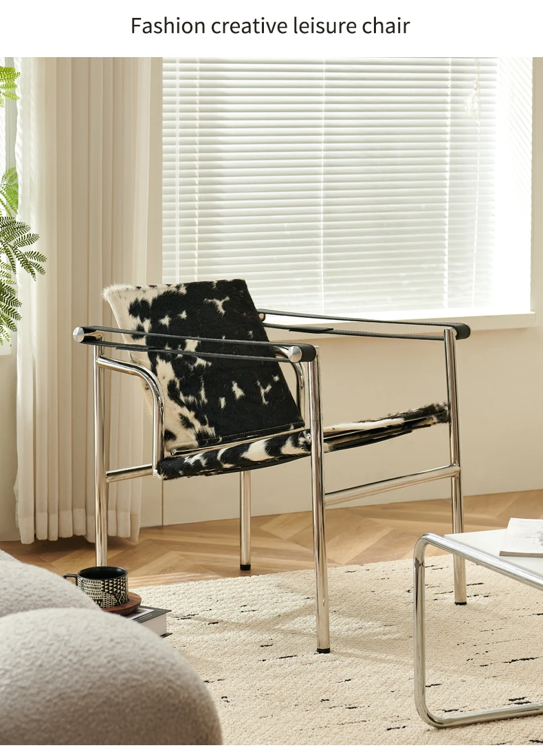 Italian Simple Saddle Chair, Single Leather Stainless Steel Leisure Chair Minimalist Single Black Sofa Chair Living Room Design