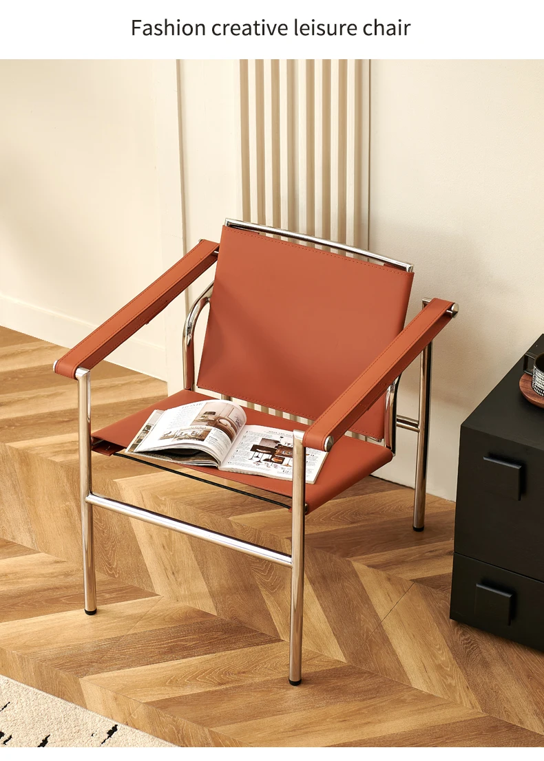 Italian Simple Saddle Chair, Single Leather Stainless Steel Leisure Chair Minimalist Single Black Sofa Chair Living Room Design