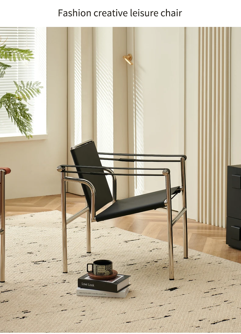 Italian Simple Saddle Chair, Single Leather Stainless Steel Leisure Chair Minimalist Single Black Sofa Chair Living Room Design
