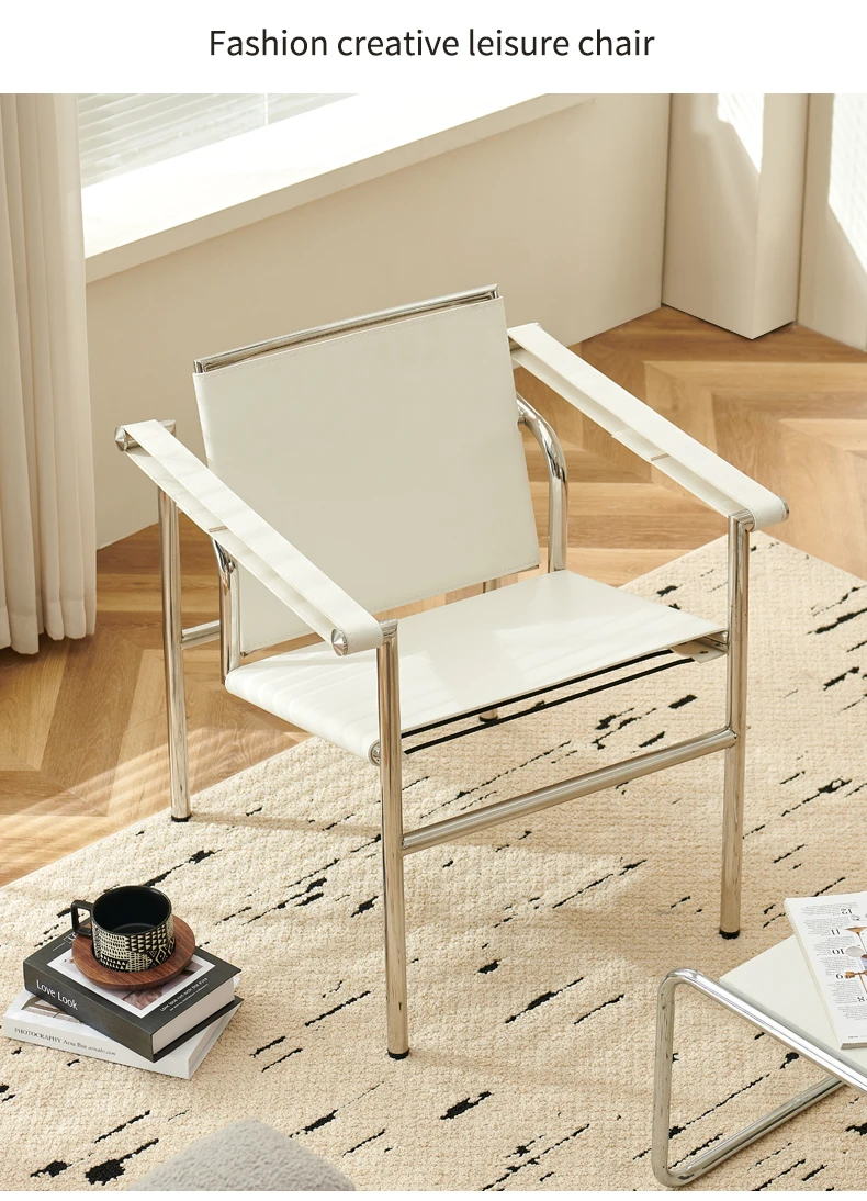 Italian Simple Saddle Chair, Single Leather Stainless Steel Leisure Chair Minimalist Single Black Sofa Chair Living Room Design